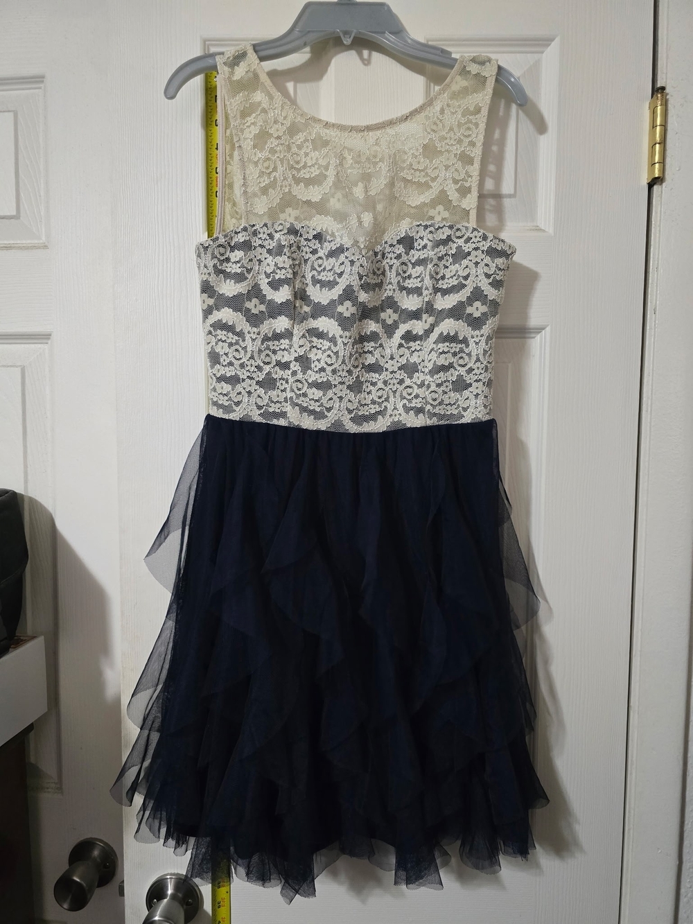 TEEZE Me Juniors' Lace Ruffled Mini Formal A- Line Dress, size 7/8 Navy/cream